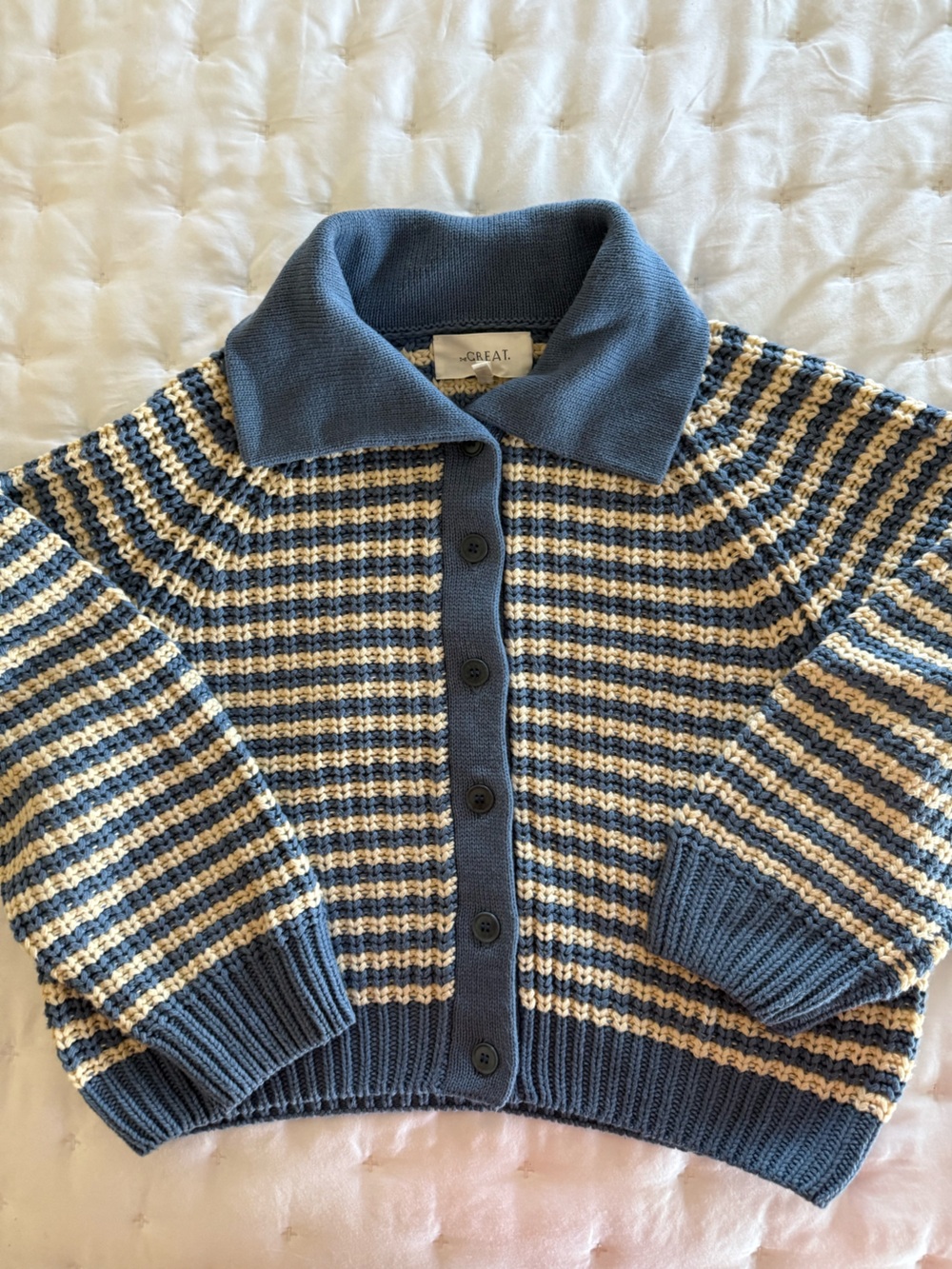 THE GREAT. Blue and Cream Striped Button-Front Cardigan